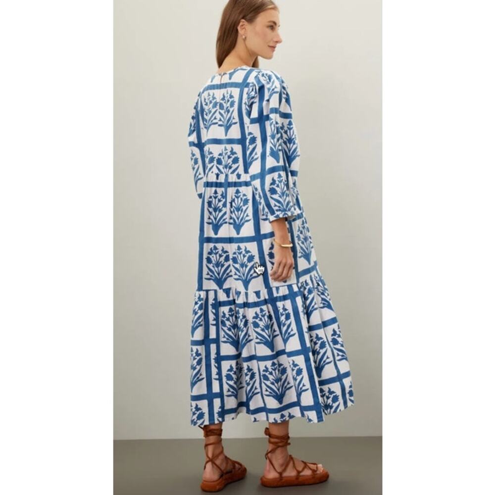 SZ Blockprints Orti Dress Floral Block Midi Blue Small - Picture 2 of 8